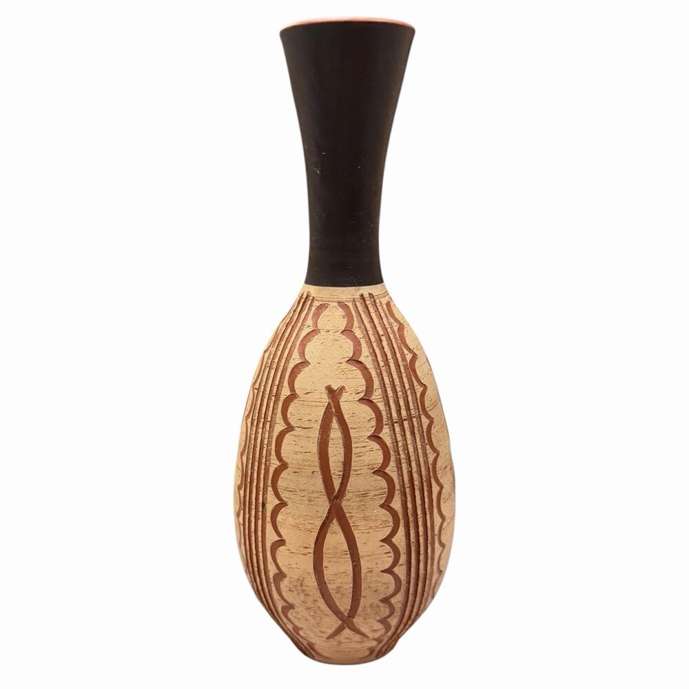West German Pottery Sgraffito Vase Small 6” Terracotta Tan Incised Vintage MCM